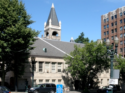 A church with a steep roof