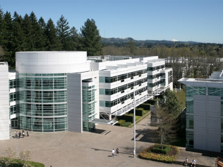 An aerial view of a large commercial building