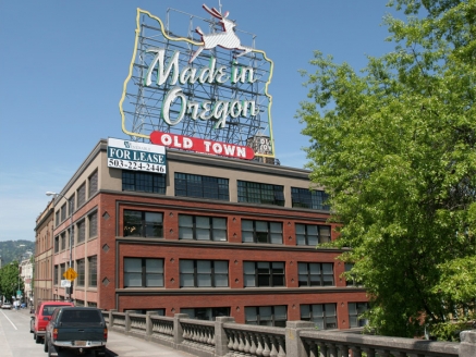 A Made In Oregon building, with the famous White Stag sign