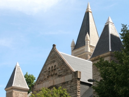 A church with steep slate roofing